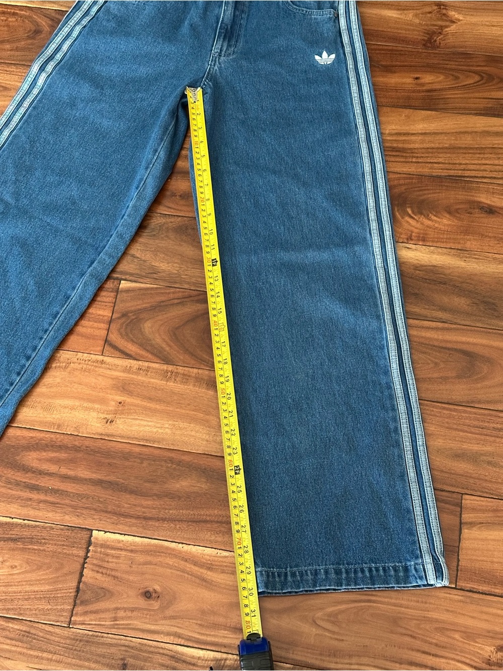 Adidas Originals 3 Stripe Denim Jeans Wide Leg Blue Size M 28” - Picture 5 of 7